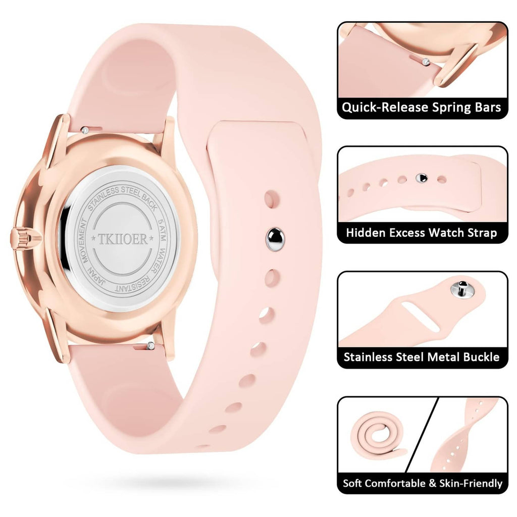 Rose pink silicone strap watch with rose-gold case and clasp detail