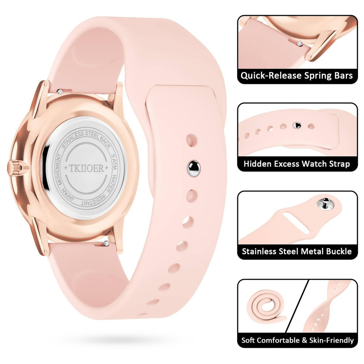 Rose pink silicone strap watch with rose-gold case and clasp detail