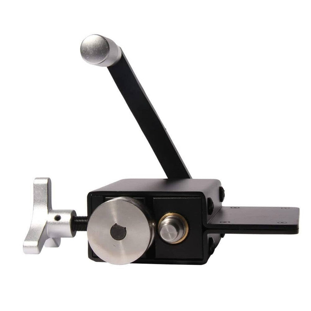 Tube pipe bead roller tool with silver handle, black base, and metal roller