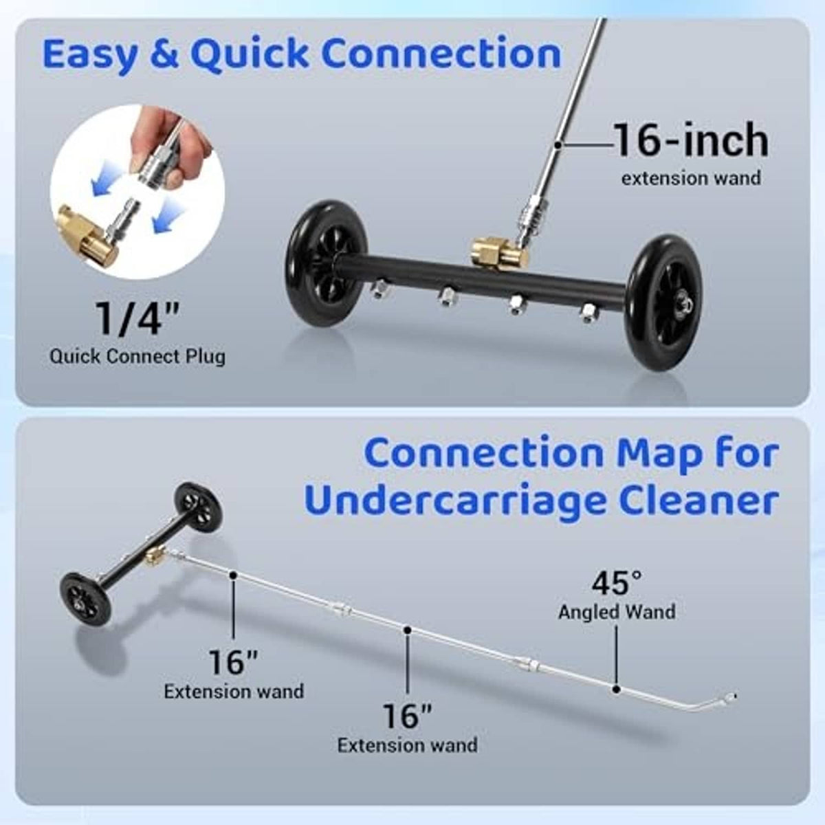 16-inch extension wand and quick-plug connector for wheeled undercarriage pressure washer
