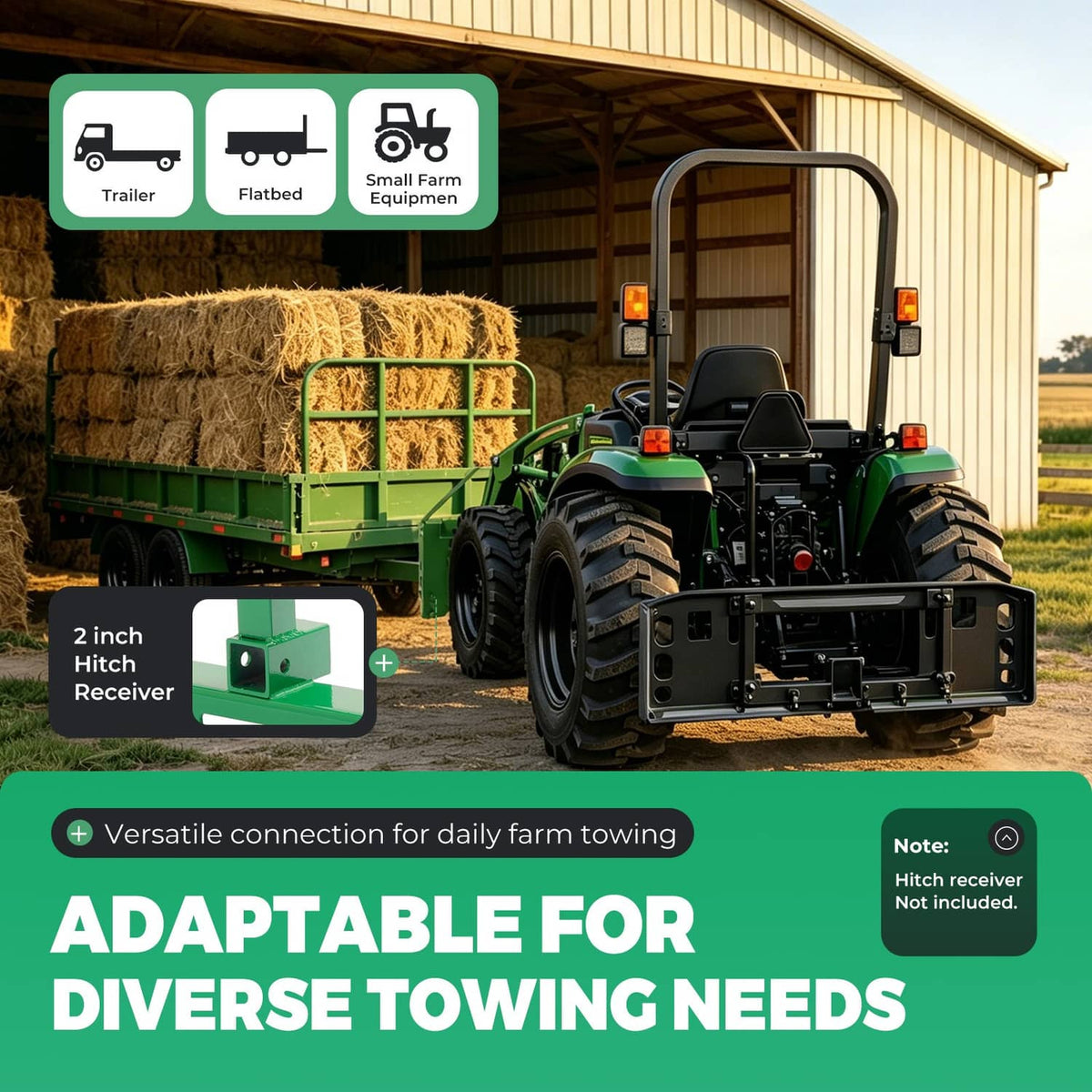 Green pallet fork frame on loader equipment with 2-inch receiver hitch connection