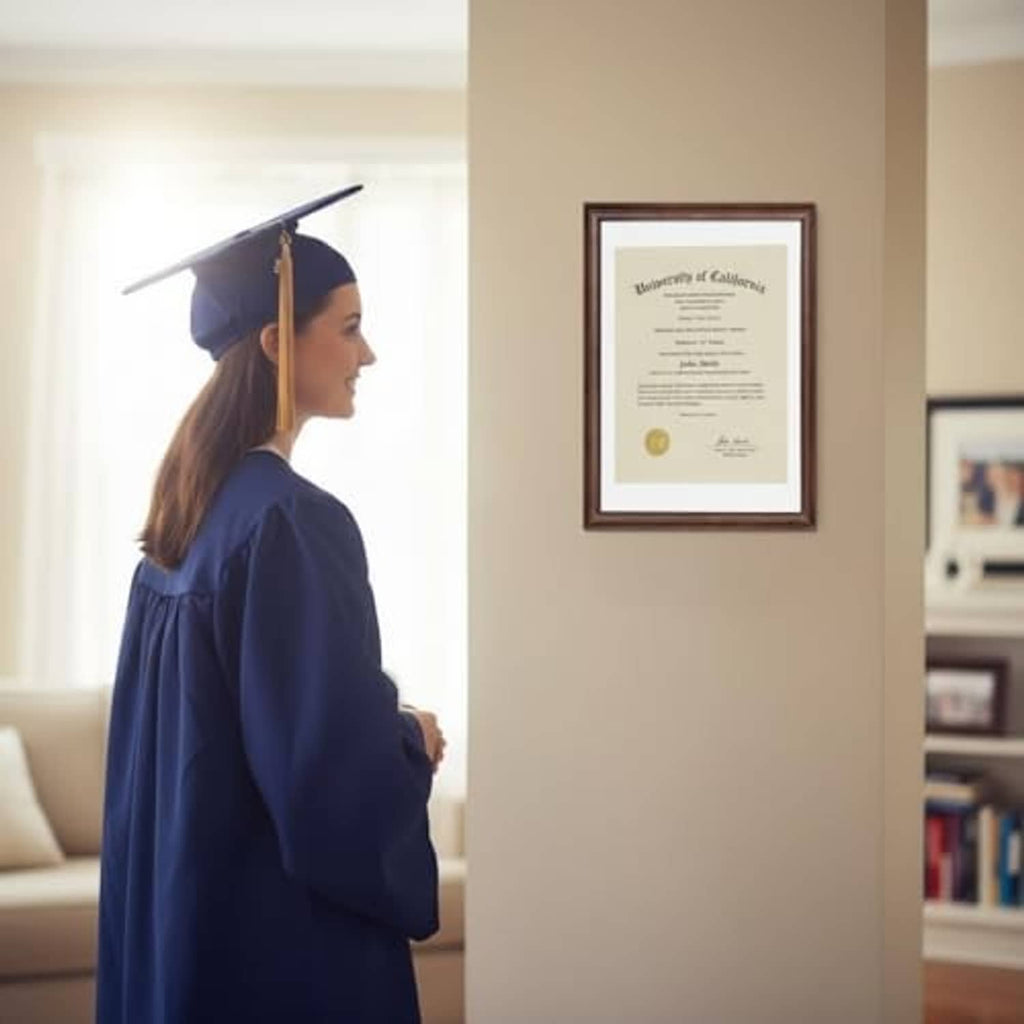 Walnut wood picture frame on wall holding a diploma certificate