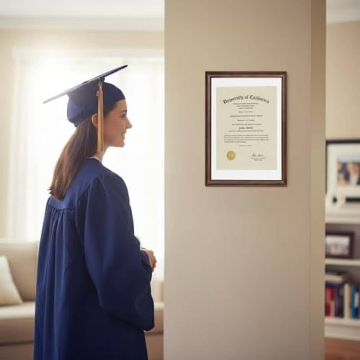 Walnut wood picture frame on wall holding a diploma certificate