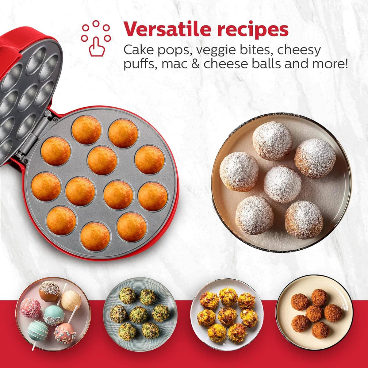 Red cake pop maker with open 12-cavity non-stick plate for baking round treats