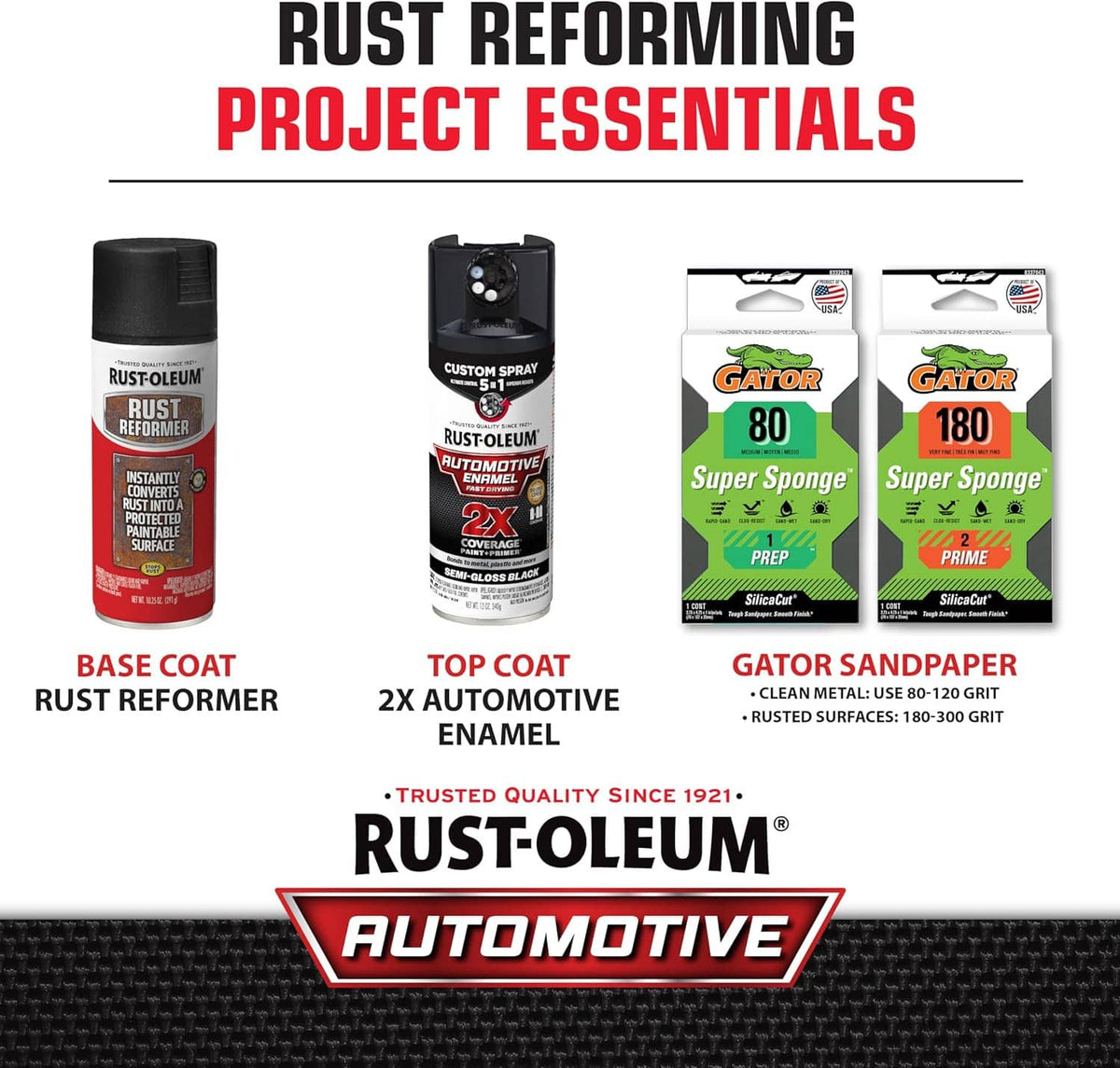Rust reforming project essentials packaging with Rust-Oleum Automotive branding