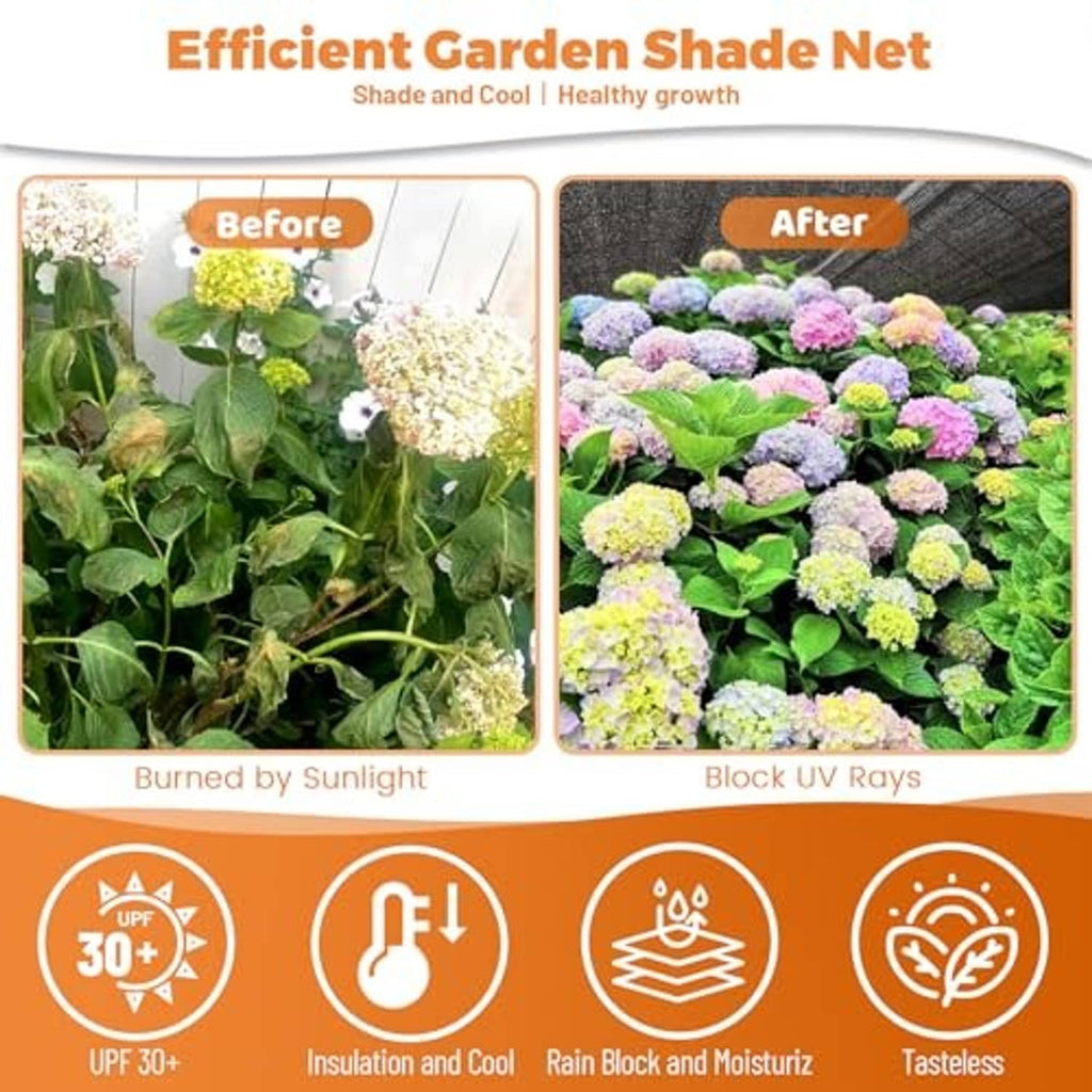 Dark gray shade cloth net covering plants to block sunlight, UV protection