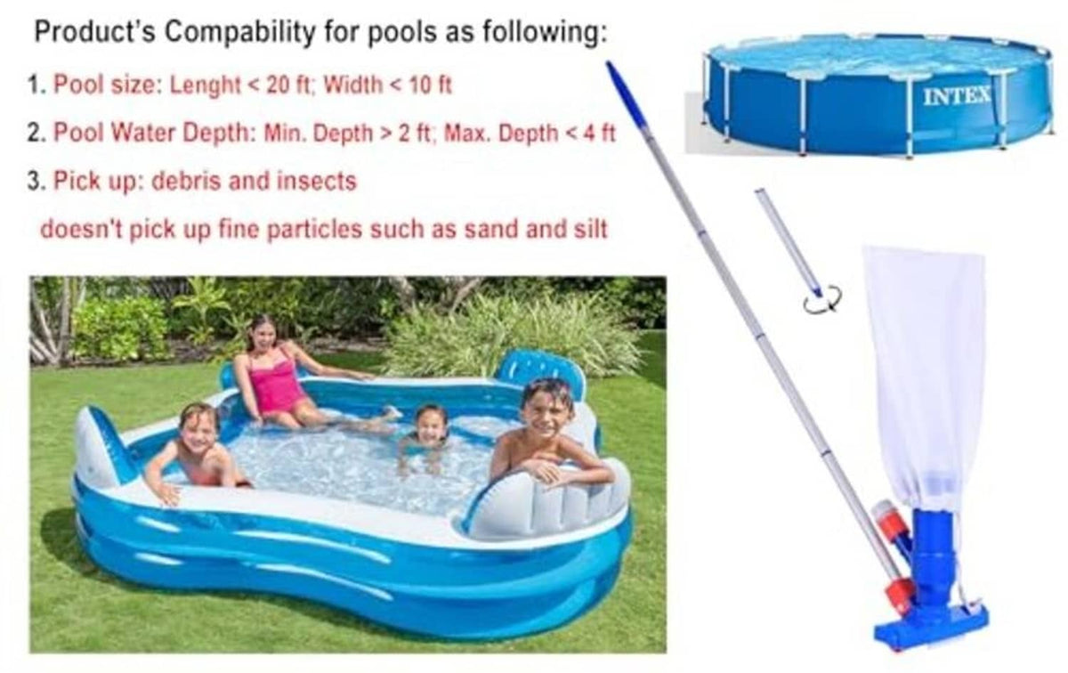 Above-ground pool vacuum with telescoping poles and white vacuum bag
