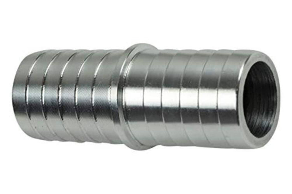 Chrome-silver 3/4 in hose barb splice coupler with ribbed body and threaded inlet