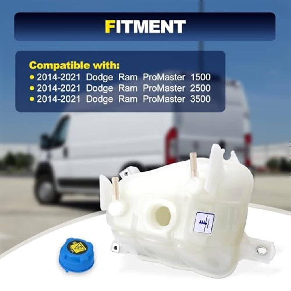 Engine coolant reservoir with blue cap, white plastic body and hose outlet