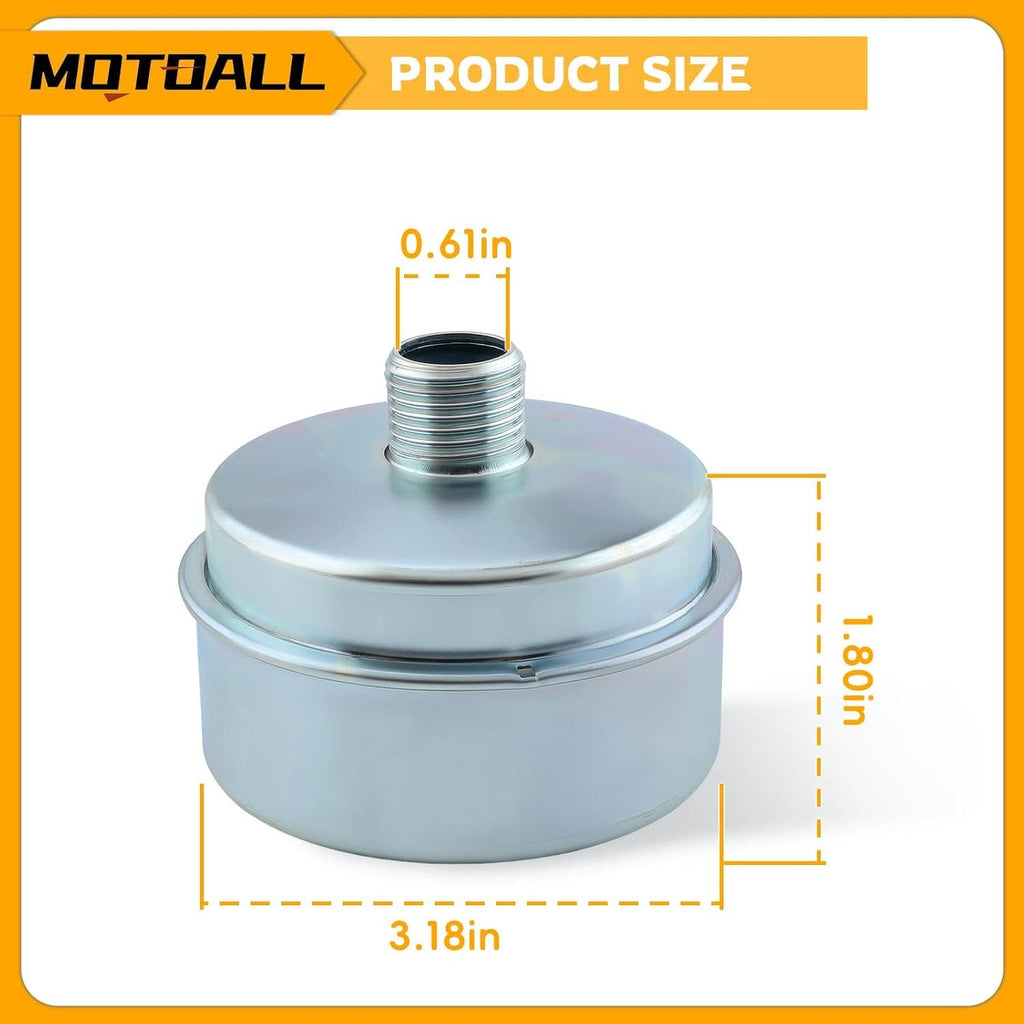 Lawn mower muffler canister with threaded inlet, product size diagram