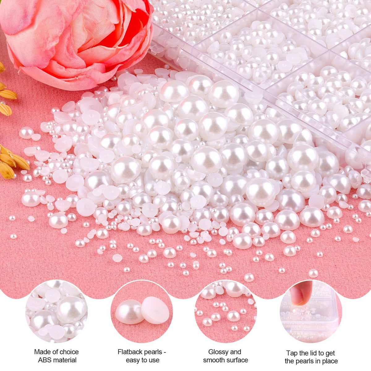 Close-up of white flatback pearls, with small loose pearls shown in detail