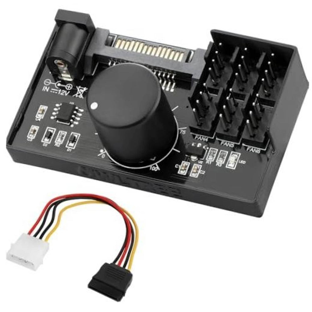 12V PWM PC fan controller hub with speed knob, six fan headers, and wiring lead