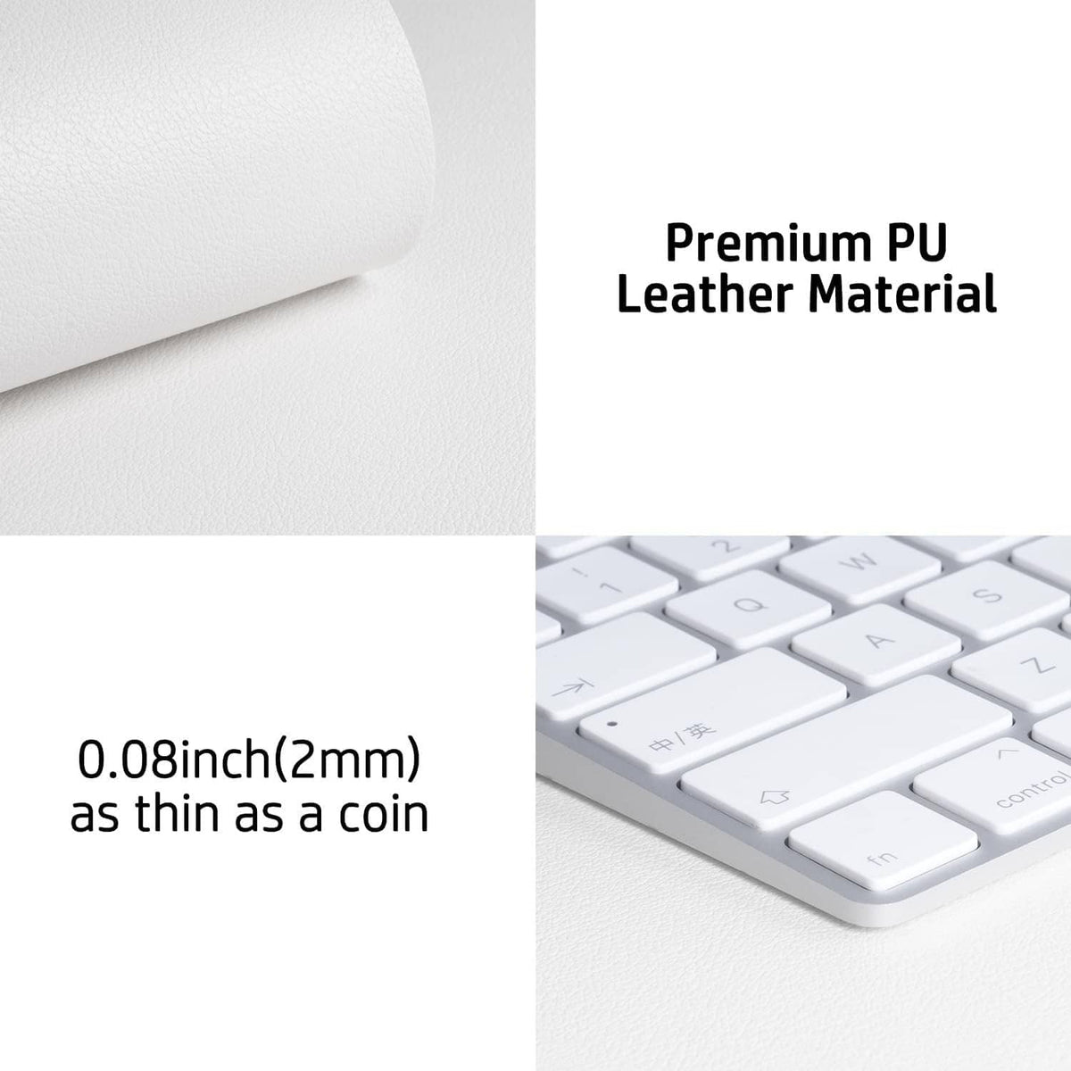 Off-white desk pad protector corner with thin 2mm profile over keyboard.