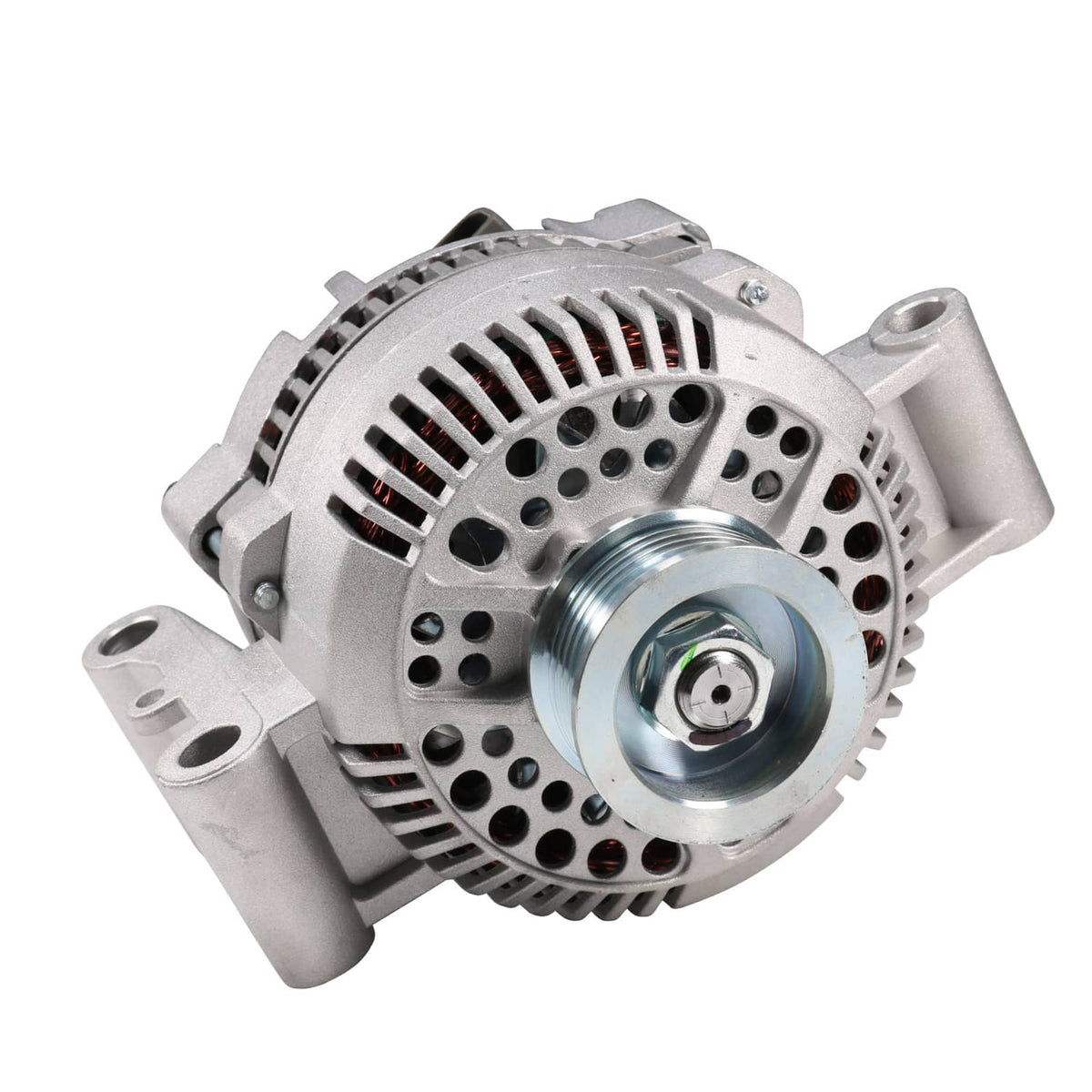 Silver alternator with rear vent openings and center hub, angled view