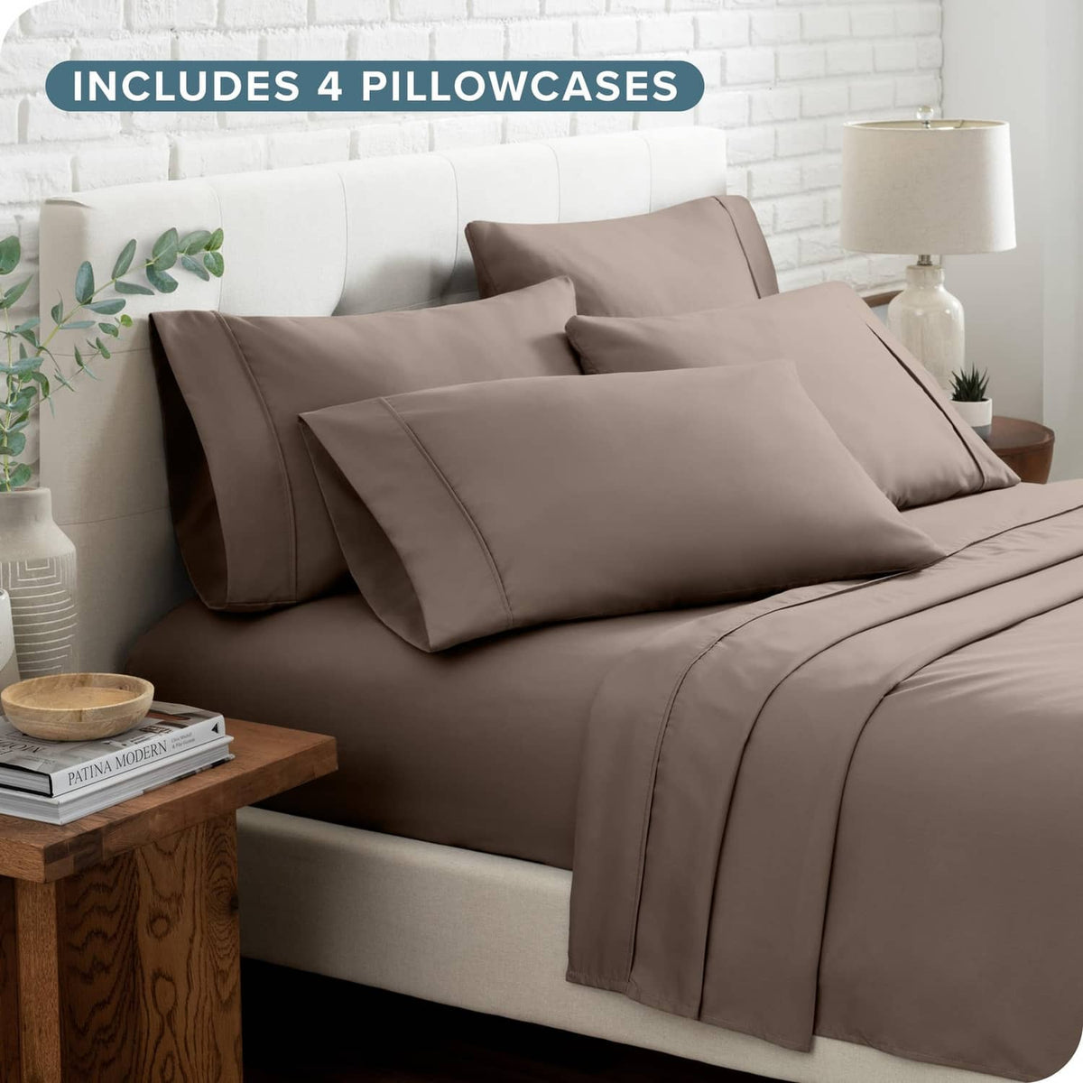 Taupe microfiber bed sheet set with deep pockets; includes 4 pillowcases for full XL.