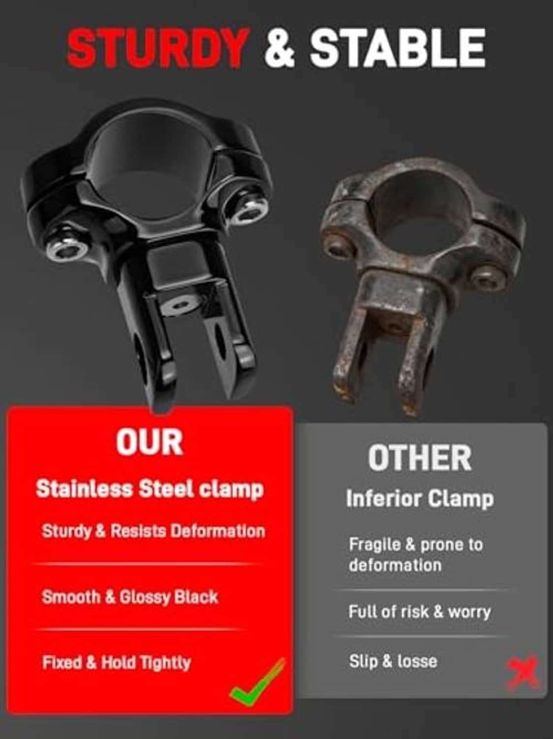 Highway footpeg clamp set: black peg assembly and stainless steel clamp hardware
