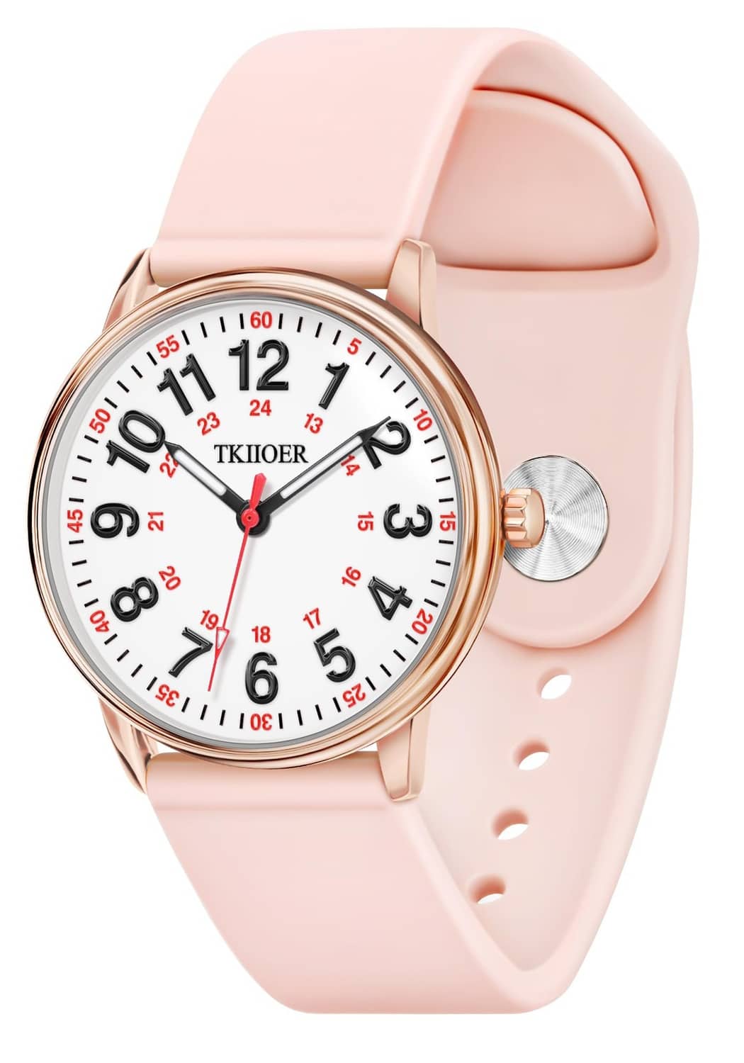 Rose pink silicone nurse watch with round analog dial and red second hand
