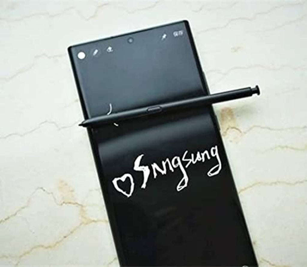 Black Bluetooth S Pen stylus resting on phone edge, angled with tip visible