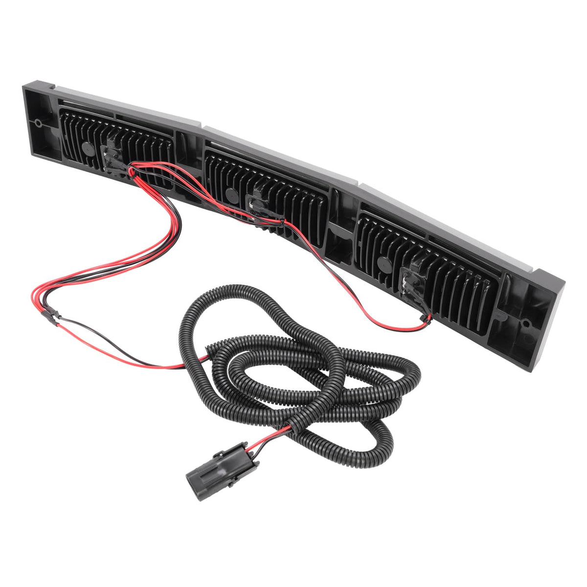Vented rear panel of 3-LED headlight light bar with attached wire harness