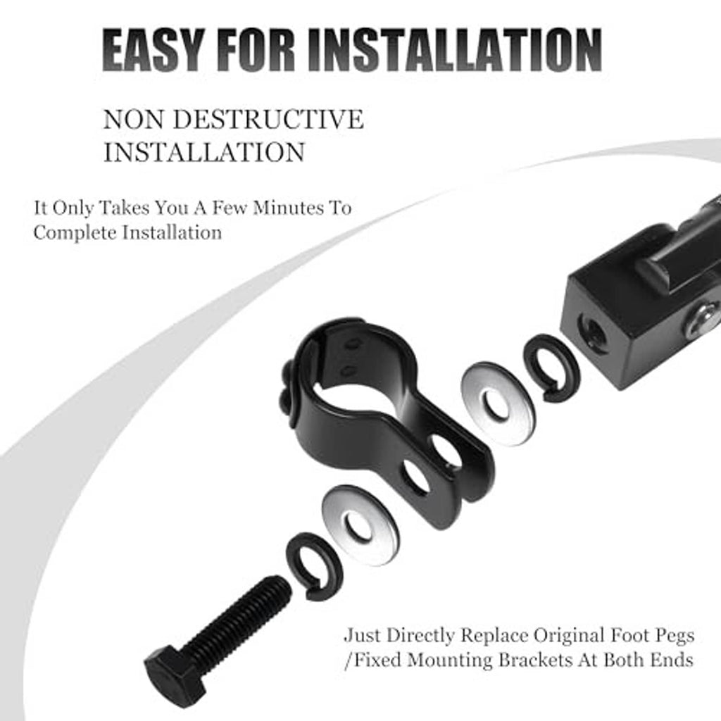 Black folding foot peg with mounting hardware rings and replacement bracket.