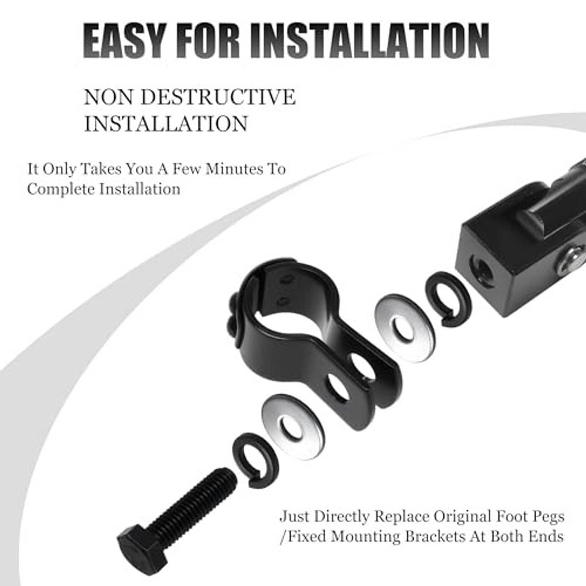 Black folding foot peg with mounting hardware rings and replacement bracket.