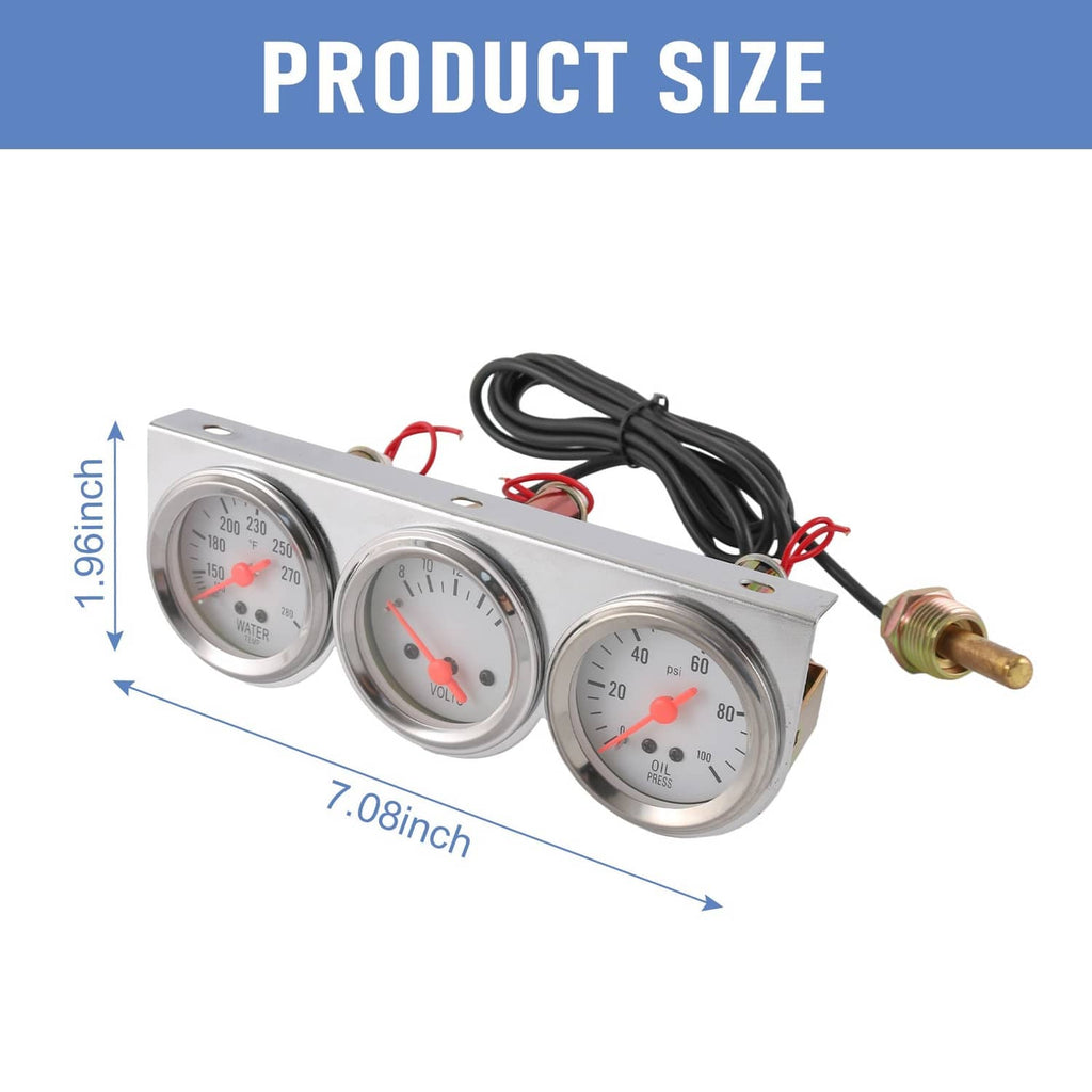 Chrome mechanical triple gauge set on metal plate with three 52mm gauges and wiring pigtail