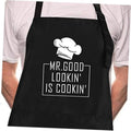 Black BBQ chef apron with chef hat and "Mr. Good Lookin' is Cookin" print
