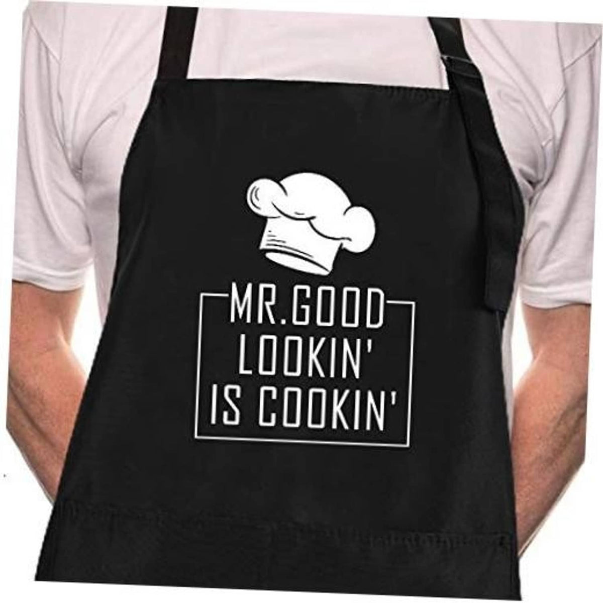 Black BBQ chef apron with chef hat and "Mr. Good Lookin' is Cookin" print