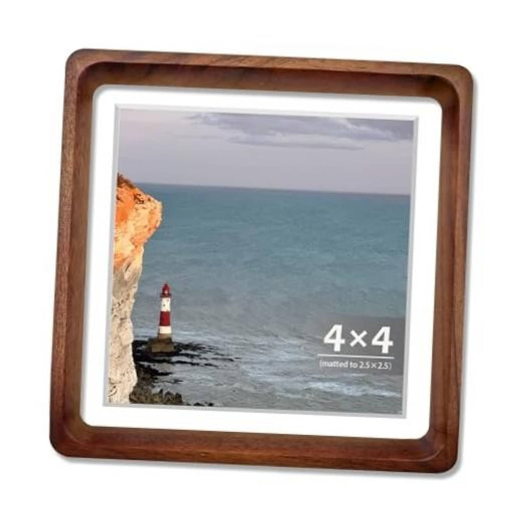 Walnut 4x4 square photo frame with white mat and clear front glass