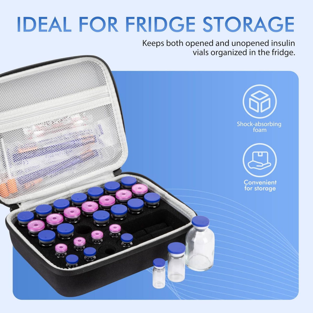 Black fridge storage case with shock-absorbing foam for organized vial holders.