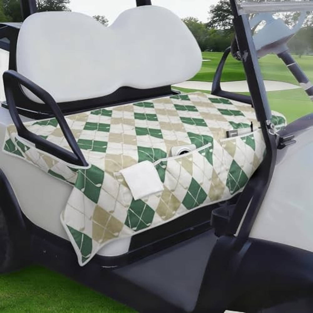 Golf cart seat cover with green diamond pattern and white corner ties
