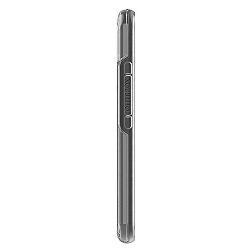 Clear slim phone case side view with textured grip and cutouts for Pixel 4