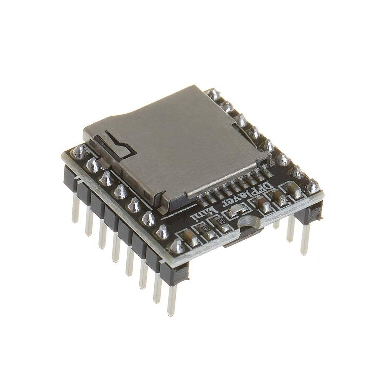 Anmbest DFPlayer Mini MP3 player module, black board, angled view of pin headers