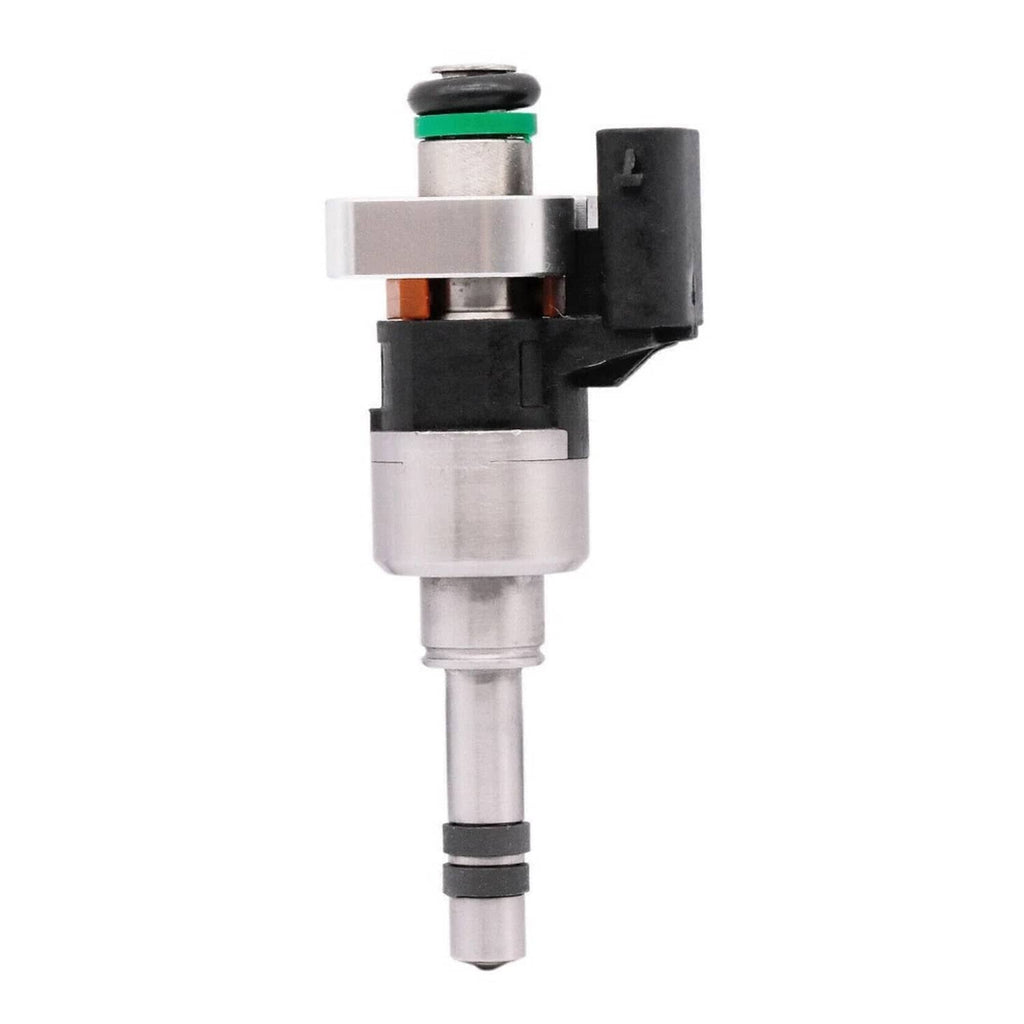 Fuel injector with black plastic connector, orange seal band, and green O-ring, front view