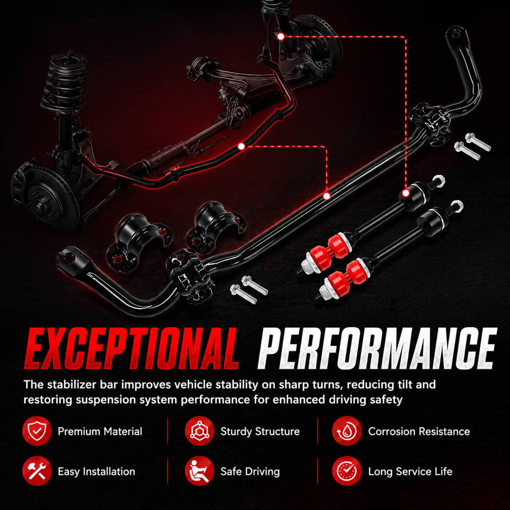 Front suspension stabilizer bar kit with black bar, links, and bushings laid out