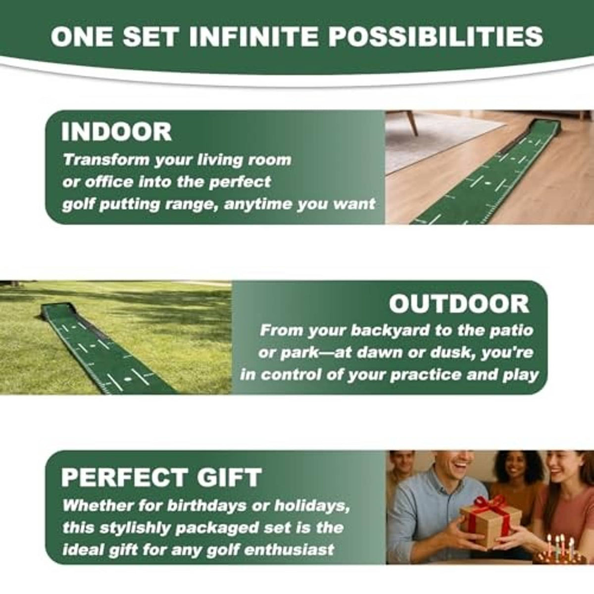 Golf putting mat for indoor or outdoor practice with alignment markings