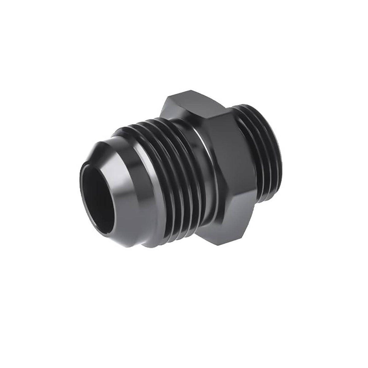 Black ORB adapter fitting, angled view, with hex collar and external threads