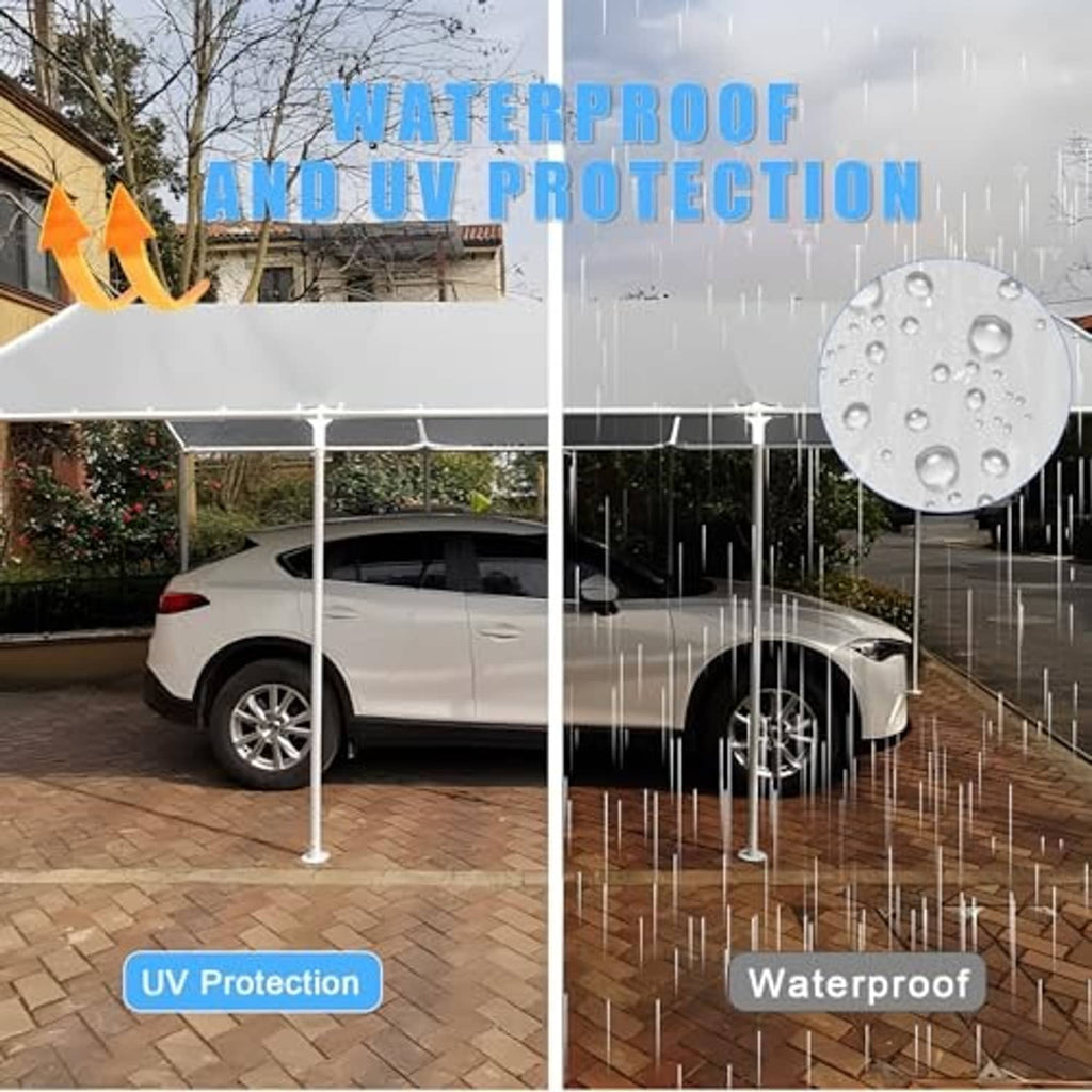 Waterproof UV carport canopy cover with grey tarp roof and white support poles.