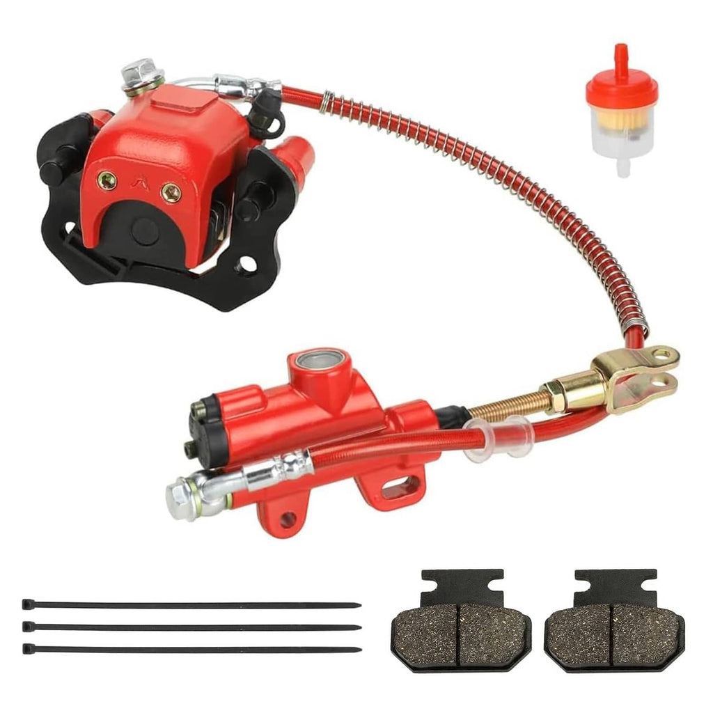 Red rear brake master cylinder caliper assembly with braided brake hose and fittings