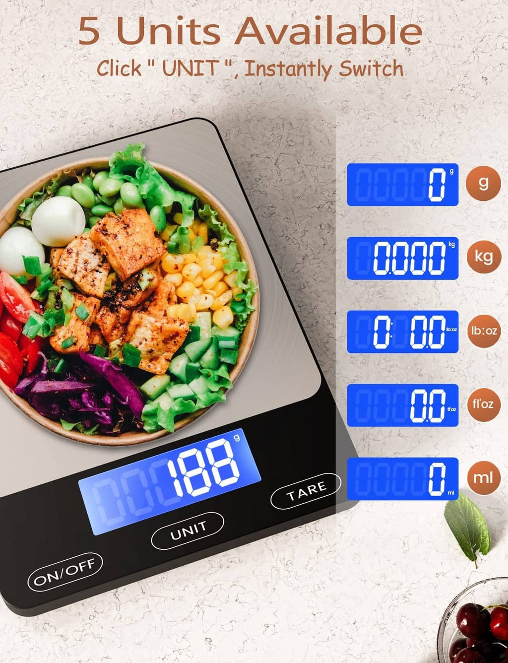 Digital kitchen scale with blue LCD readout and unit/tare buttons on a black base.