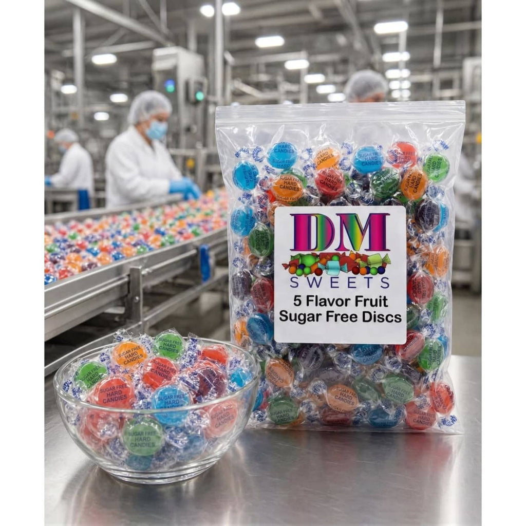 DM Sweets sugar-free fruit discs bag with label, 5 flavor variety, wrapped candies