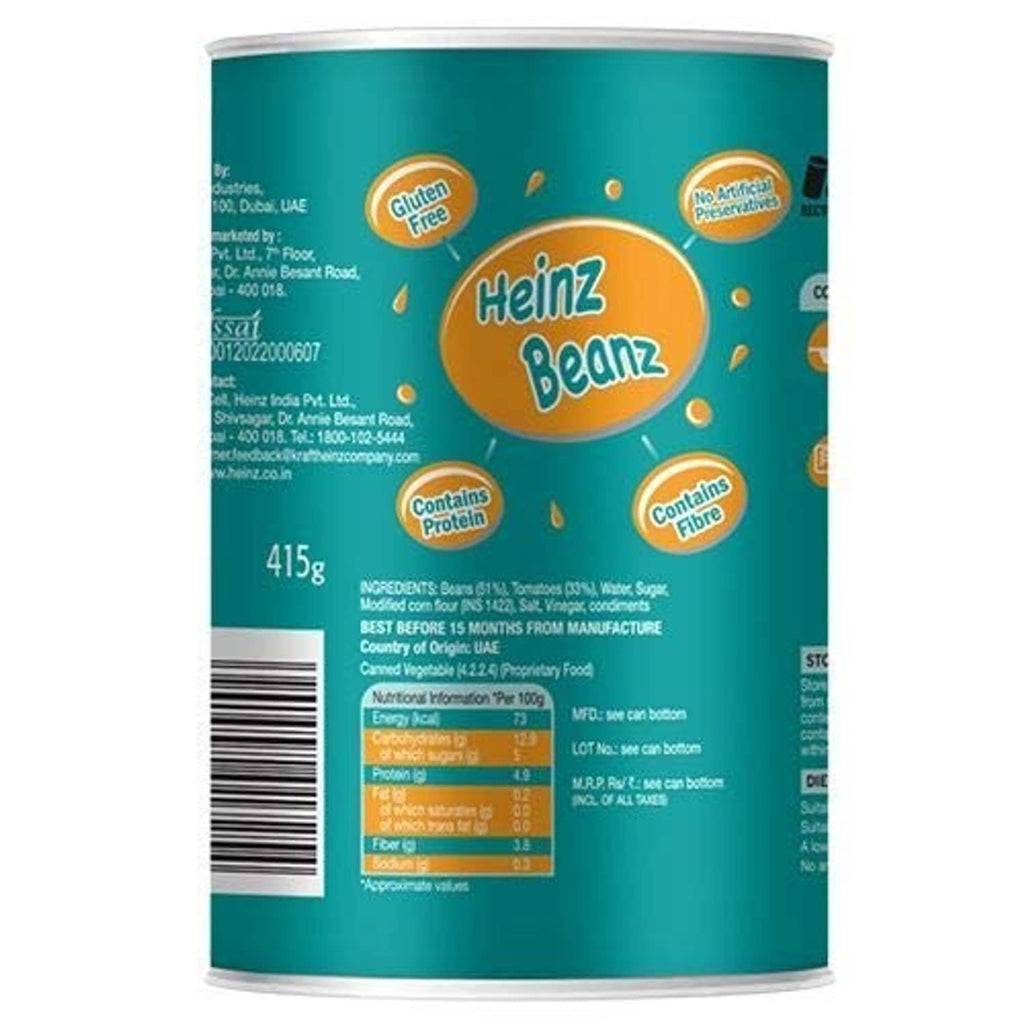 Heinz Beanz baked beans can with ingredient and nutrition information, 415g