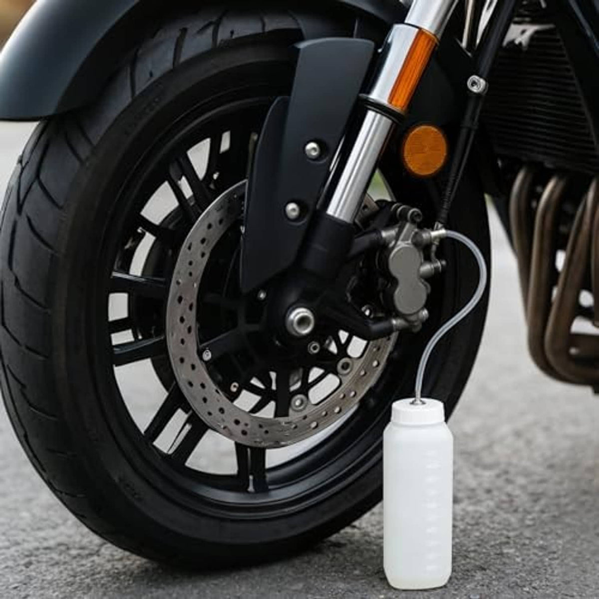 Motorcycle front brake bleeder bottle kit setup with clear tubing near caliper