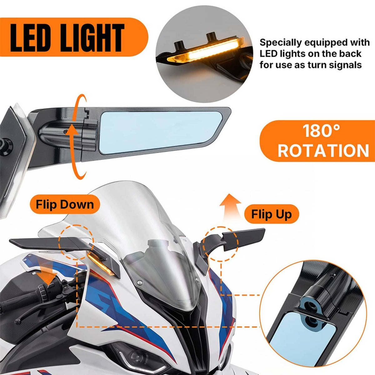 Motorcycle mirror with blue glass, amber LED strip, and 180° rotation hinge