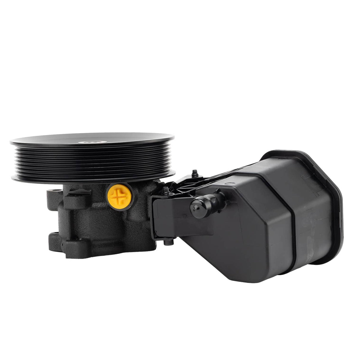 Power steering pump with reservoir, angled view of reservoir container and pulley