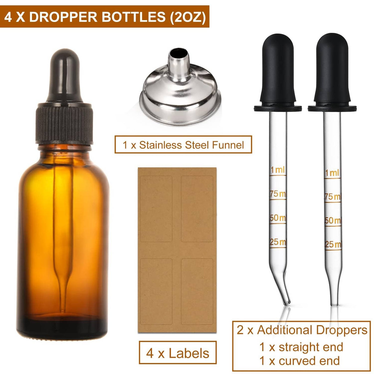 4-pack amber 2 oz dropper bottles with black caps, funnel, labels, and extra droppers