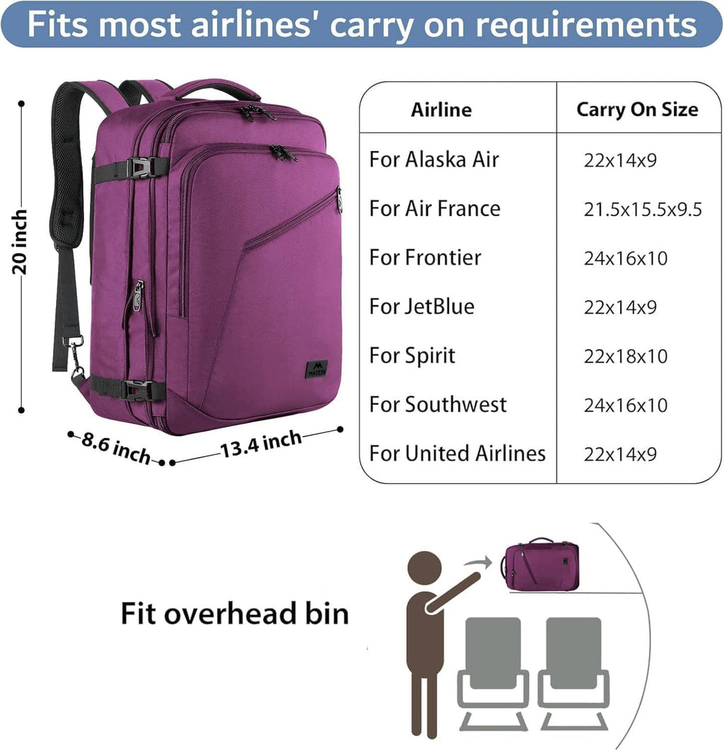 Purple travel backpack side view with carry-on size graphic