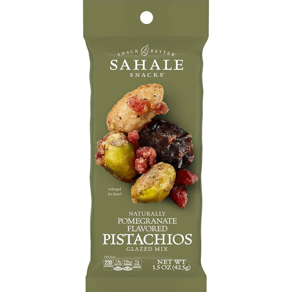 Sahale Snacks pomegranate flavored glazed pistachios mix, front of green snack bag