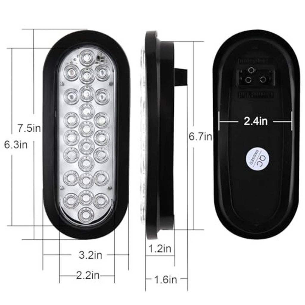 Oval LED trailer tail light size diagram, clear lens, black housing