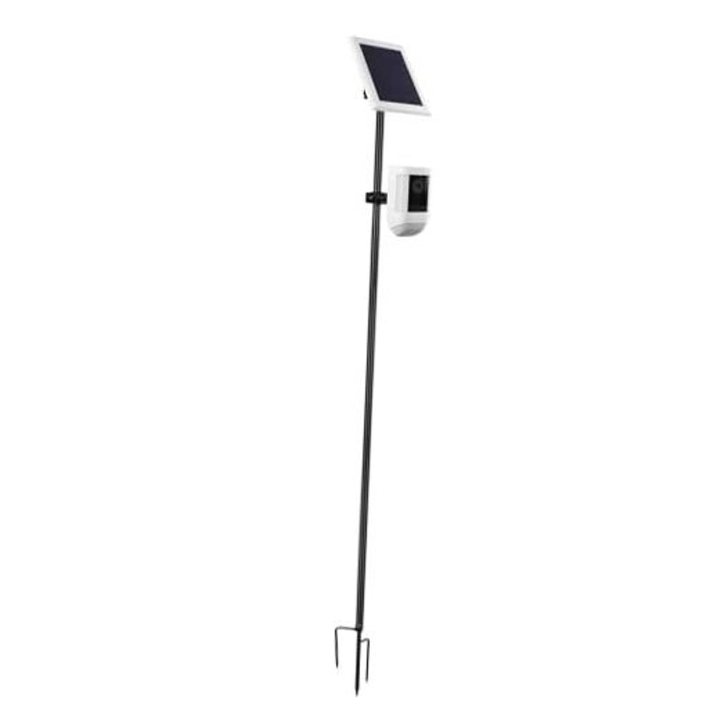 Ground stake solar panel mount stand with long black pole and device bracket